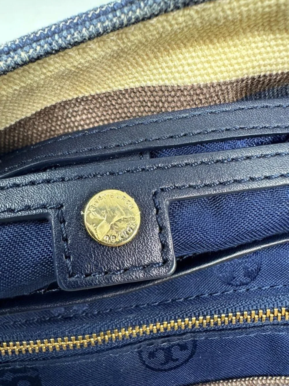 Tory Burch Striped Canvas Leather Flap Backpack Navy Brown Nautical